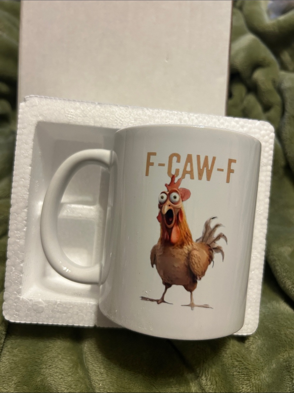 Mug with Humorous Chicken Graphic and Orange Text